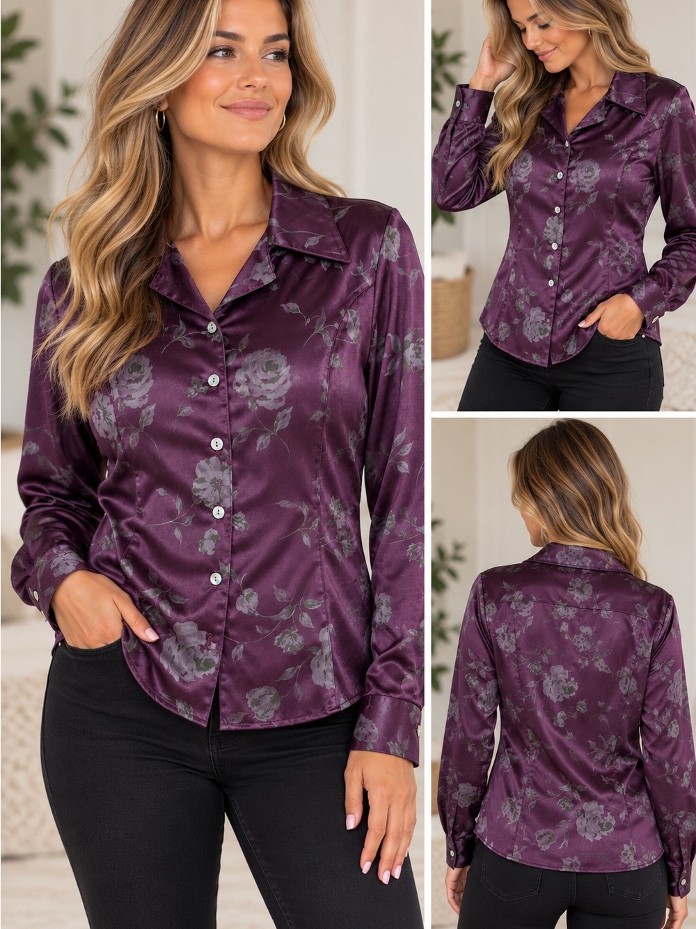Fashion Bug Floral Blouse L Plum Purple Rayon Acetate Button Front Romantic